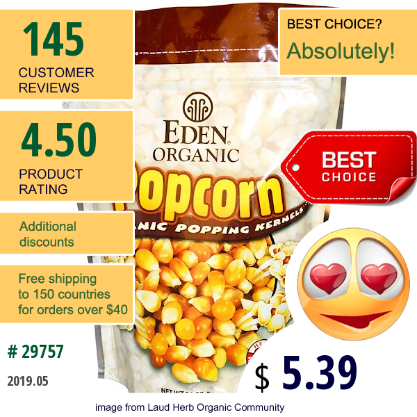 Eden Foods, Popcorn, Organic Popping Kernels, 20 Oz (566 G)