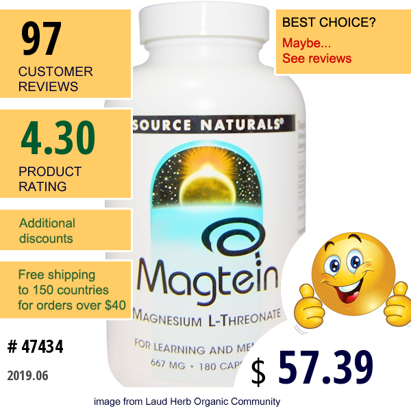 Source Naturals, Magtein, Magnesium L-Threonate, 667 Mg, 180 Capsules