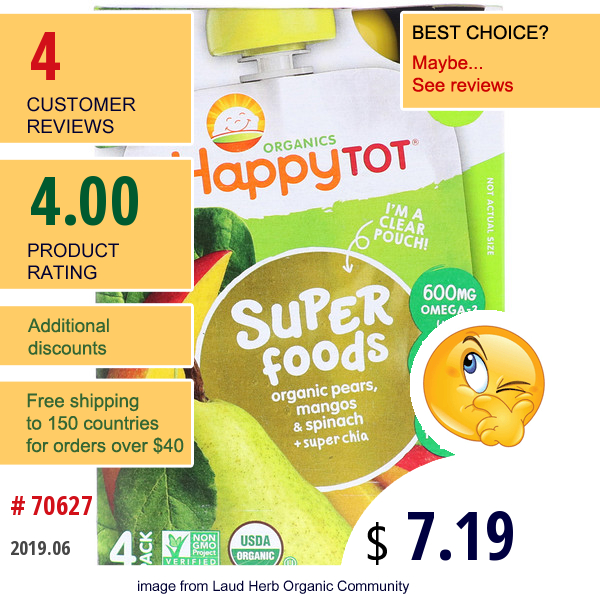 Happy Family Organics, Organic Happytot, Super Foods, Organic Pears, Mango & Spinach + Super Chia, Stage 4, 4 Pack, 4.22 Oz (120 G) Each