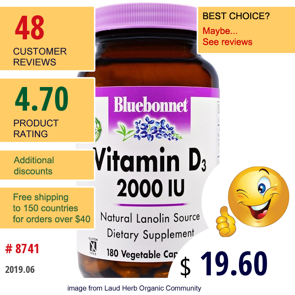 Bluebonnet Nutrition, Vitamin D3, 2000 Iu, 180 Veggie Caps