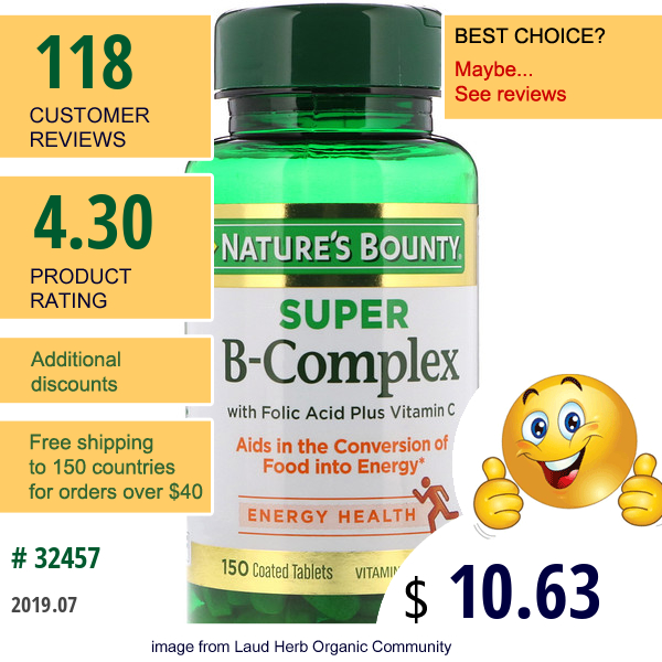 Nature'S Bounty, Super B-Complex With Folic Acid Plus Vitamin C, 150 Coated Tablets