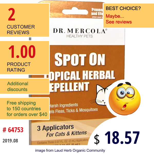 Dr. Mercola, Healthy Pets, Spot On Topical Herbal Repellent For Cats & Kittens, 3 Applicators, 0.07 Fl Oz (2 Ml) Each  