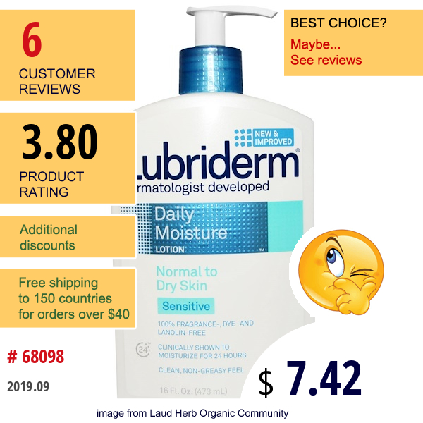 Lubriderm, Daily Moisture Lotion, Sensitive, Fragrance Free, 16 Fl Oz (473 Ml)  