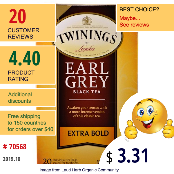 Twinings, Black Tea, Earl Grey, Extra Bold, 20 Tea Bags - 1.41 Oz (40 G)