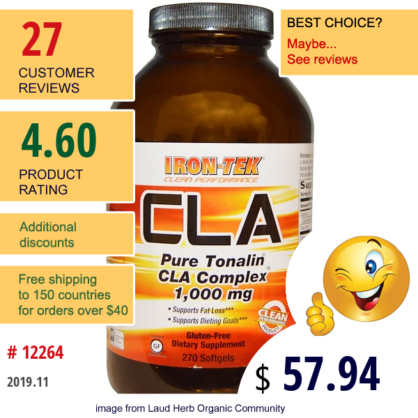 Country Life, Iron-Tek, Cla, Pure Tonalin Cla Complex, 1,000 Mg, 270 Softgels  