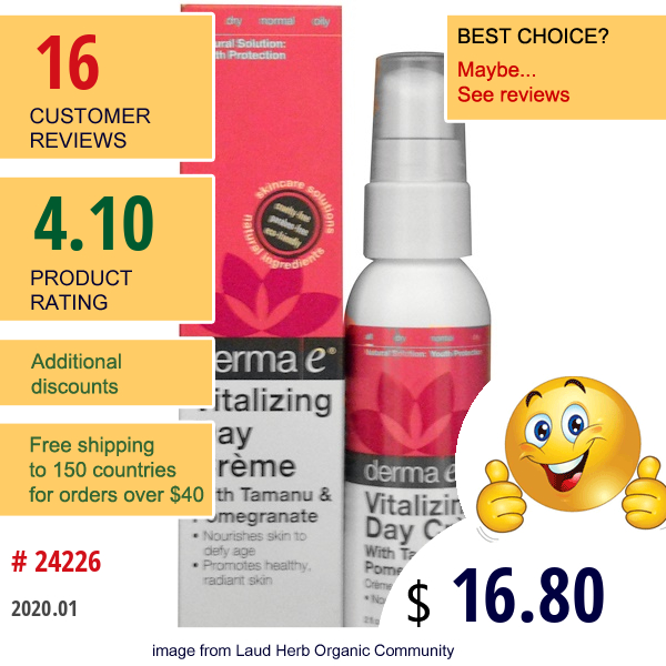 Derma E, Vitalizing Day Cream With Tamanu & Pomegranate, 2 Fl Oz (60 Ml)  