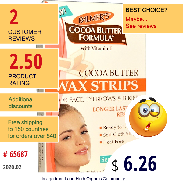 Palmer'S, Cocoa Butter Formula, Wax Strips, For Face, Eyebrows And Bikini, 20 Wax Strips (10 Double Sided)  
