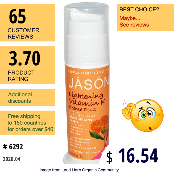 Jason Natural, Pure Natural Moisturizing Crème, Lightening Vitamin K Crème Plus, 2 Oz (57 G)  