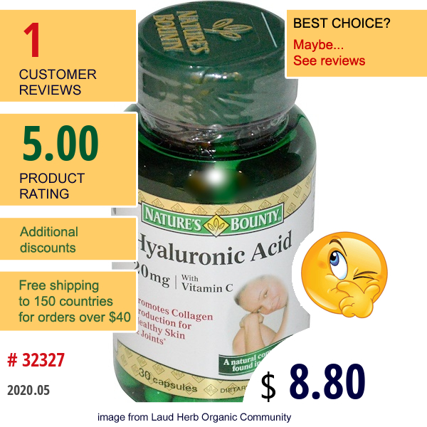 Nature'S Bounty, Hyaluronic Acid With Vitamin C, 20 Mg, 30 Capsules  
