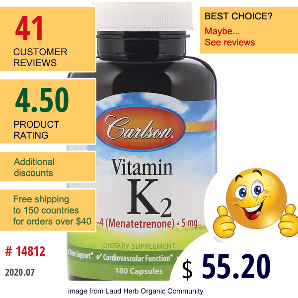 Carlson Labs, Vitamin K2, Mk-4 (Menatetrenone), 5 Mg, 180 Capsules