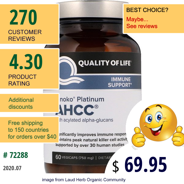 Quality Of Life Labs, Kinoko Platinum Ahcc, 750 Mg, 60 Vegicaps