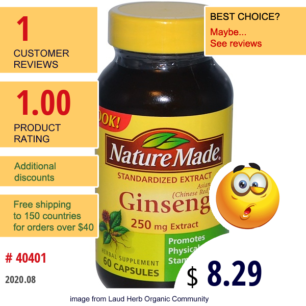 Nature Made, Ginseng, Asian (Chinese Red), 250 Mg Extract, 60 Capsules  
