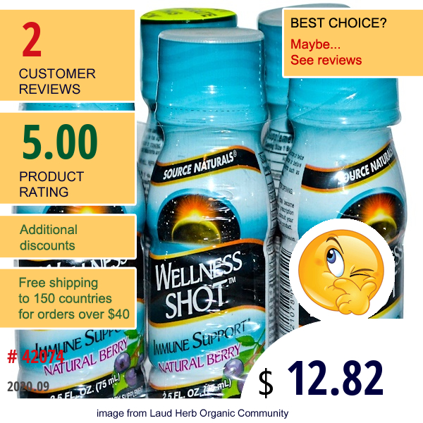 Source Naturals, Wellness Shot, Immune Support, Natural Berry, 6 Bottles, 2.5 Fl Oz (75 Ml) Each  