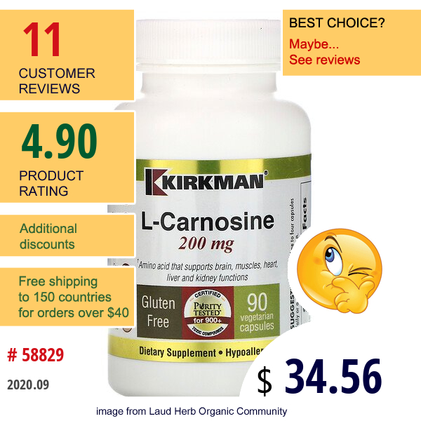 Kirkman Labs, L-Carnosine, 200 Mg, 90 Vegetarian Capsules