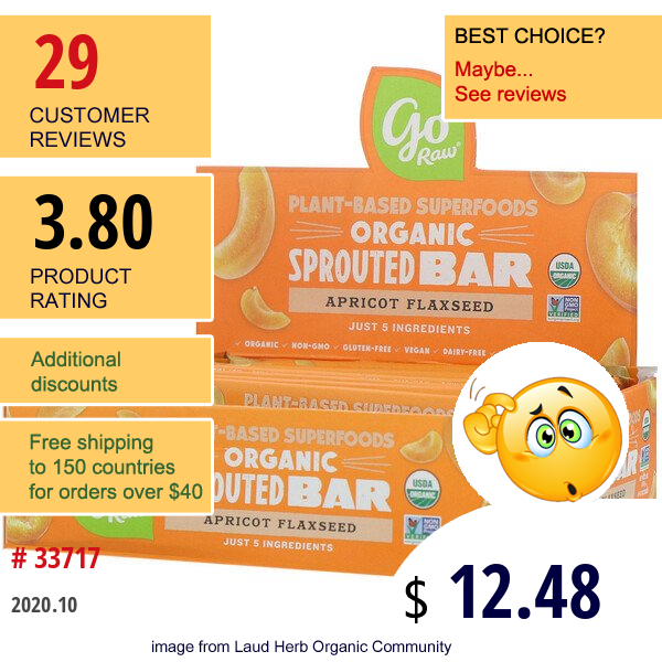 Go Raw, Organic Sprouted Bar, Apricot Flaxseed , 10 Bars, 0.4 Oz (11 G) Each