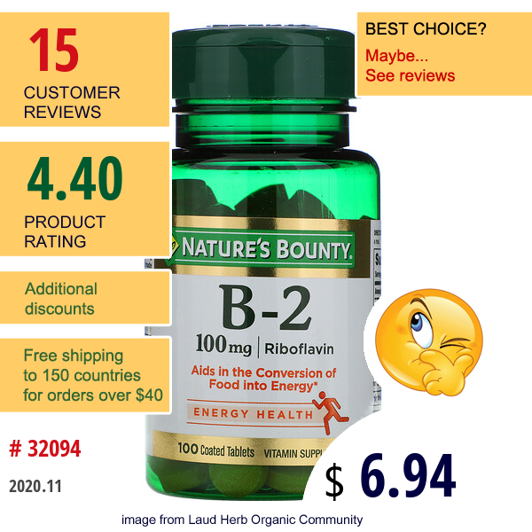 Nature'S Bounty, Vitamin B-2, 100 Mg, 100 Coated Tablets
