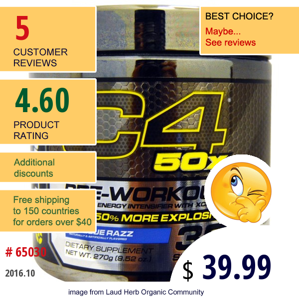 Cellucor, C4 50X, Pre-Workout, Icy Blue Razz, 9.52 Oz (270 G)  