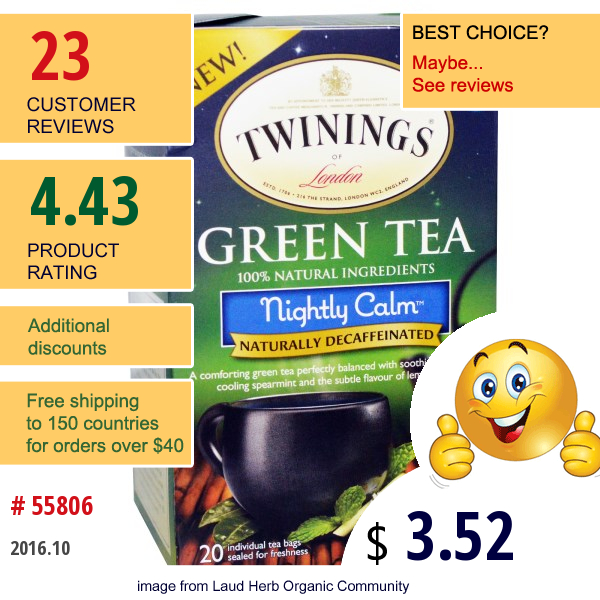 Twinings, Green Tea, Nightly Calm, Naturally Decaffeinated, 20 Tea Bags, 1.41 Oz (40 G)
