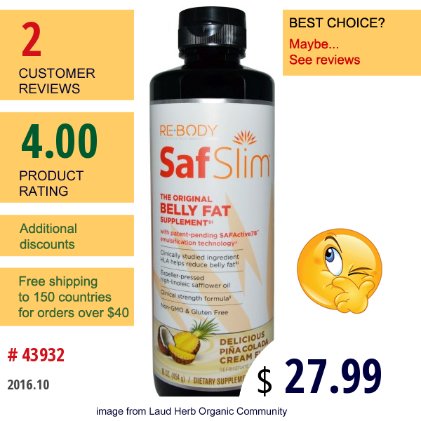 Rebody Safslim, The Original Belly Fat Supplement, Piña Colada Cream Fusion, 16 Oz (454 G)