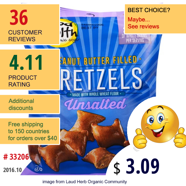 Good Health Natural Foods, Peanut Butter Filled Pretzels, Unsalted, 5 Oz (141.7 G)