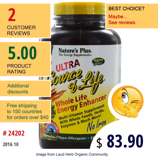 Natures Plus, Source Of Life, Ultra Whole Life Energy Enhancer, With Lutein, No Iron, 180 Tablets  