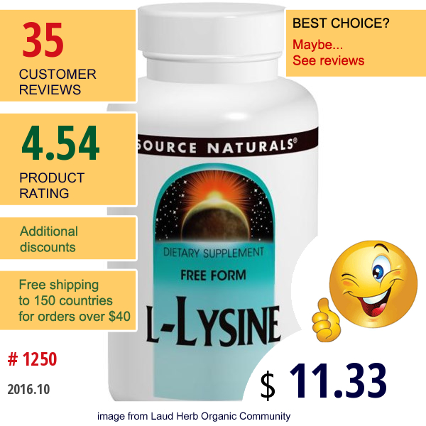 Source Naturals, L-Lysine, 500 Mg, 250 Tablets