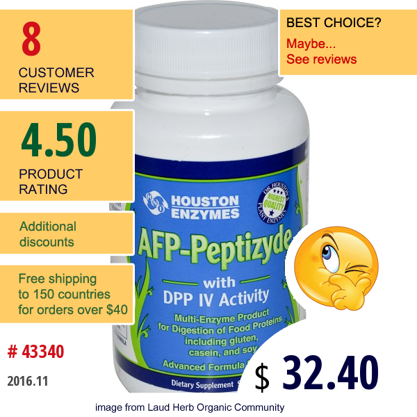 Houston Enzymes, Afp-Peptizyde With Dpp Iv Activity, With Rice Bran, 90 Capsules  