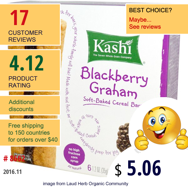 Kashi, Soft-Baked Cereal Bars, Blackberry Graham, 6 Bars, 1.2 Oz (35 G) Each  