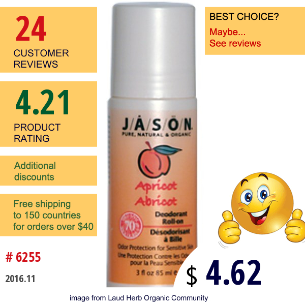 Jason Natural, Apricot Deodorant Roll-On, 3 Fl Oz (85 Ml)  
