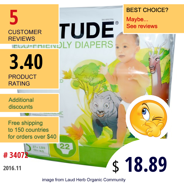 Attitude, Eco-Friendly Diapers, Junior, Size 5, 27+ Lbs (12+ Kg), 22 Diapers