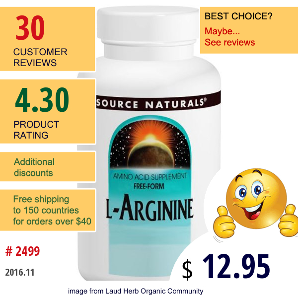 Source Naturals, L-Arginine, Free Form, 1000 Mg, 100 Tablets