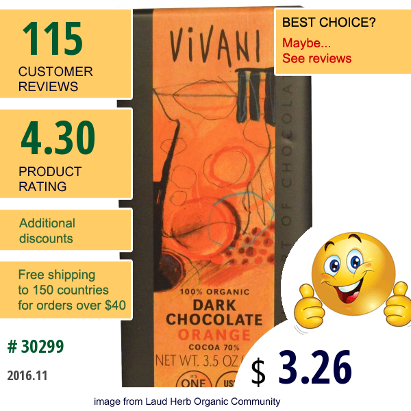 Vivani, 100% Organic Dark Chocolate, Orange, 3.5 Oz (100 G)