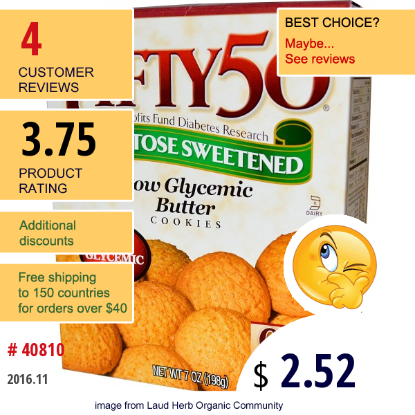 Fifty 50, Fructose Sweetened, Low Glycemic Butter Cookies, 7 Oz (198 G)  