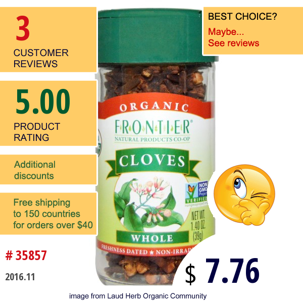 Frontier Natural Products, Organic Cloves, Whole, 1.40 Oz (39 G)