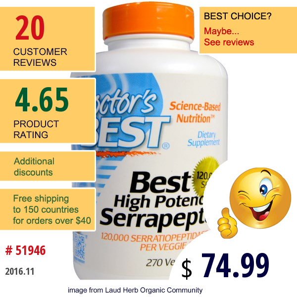 Doctors Best, Best High Potency Serrapeptase, 120,000 Spus, 270 Veggie Caps