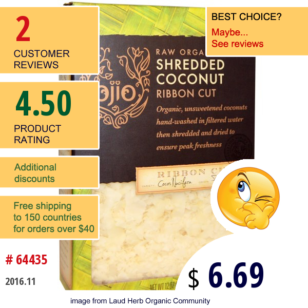 Ojio, Raw Organic Shredded Coconut, Ribbon Cut, 12 Oz (341 G)  