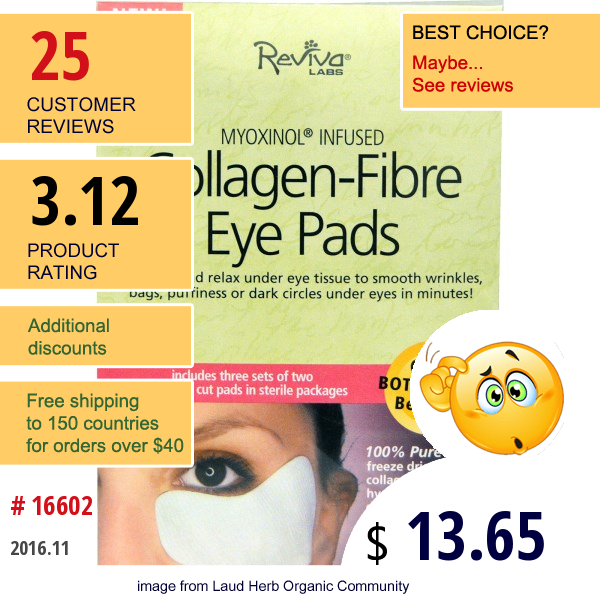 Reviva Labs, Collagen-Fiber Eye Pads, 3 Sets Of Two Contoured Pads