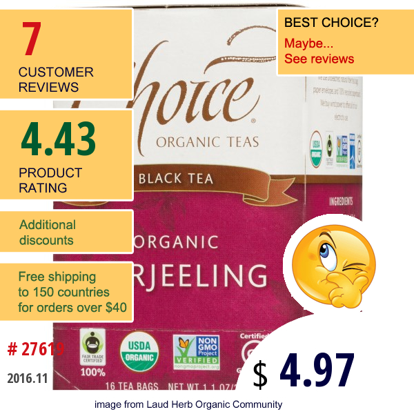 Choice Organic Teas, Organic, Darjeeling, Black Tea, 16 Tea Bags, 1.1 Oz (32 G)  