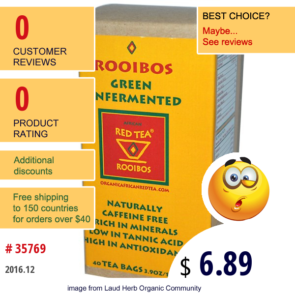 African Red Tea Imports, Rooibos Green Unfermented Tea, Caffeine Free, 40 Tea Bags, 2.5 G Each African Red Tea Imports, Rooibos Green Unfermented Tea, Caffeine Free, 40 Tea Bags, 2.5 G Each