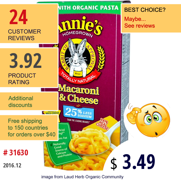 Annies Homegrown, Organic Macaroni & Cheese, Low Sodium, 6 Oz (170 G)