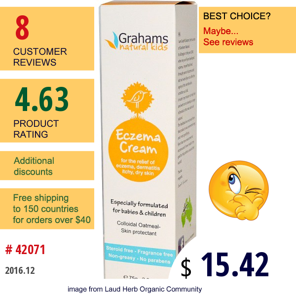 Grahams Natural Alternatives, Natural Kids, Eczema Cream, Colloidal Oatmeal-Skin Protectant, 2.6 Oz (75 G) Grahams Natural Alternatives, Natural Kids, Eczema Cream, Colloidal Oatmeal-Skin Protectant, 2.6 Oz (75 G)
