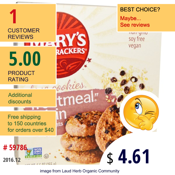Marys Gone Crackers, Organic, Love Cookies,n`oatmeal Raisin Without Oats , 5.5 Oz (155 G)  