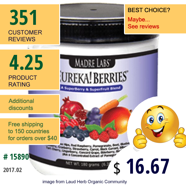 Madre Labs, Eureka! Berries, A Superberry & Superfruit Blend, 6.35 Oz (180 G)  