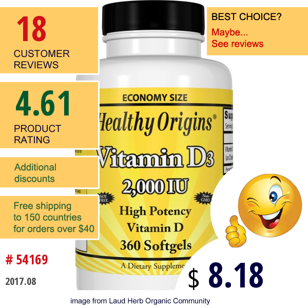 Healthy Origins, Vitamin D3, 2,000 Iu, 360 Softgels