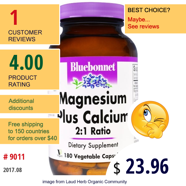 Bluebonnet Nutrition, Magnesium Plus Calcium, 2:1 Ratio, 180 Veggie Caps