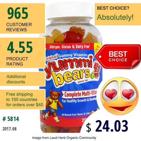 Hero Nutritional Products, Yummi Bears, Complete Multi-Vitamin, All Natural Fruit Flavors & Colors, 200 Gummy Bears