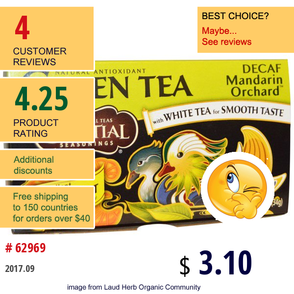 Celestial Seasonings, Green Tea, Decaf, Mandarin Orchard, 20 Tea Bags, 1.2 Oz (34 G)