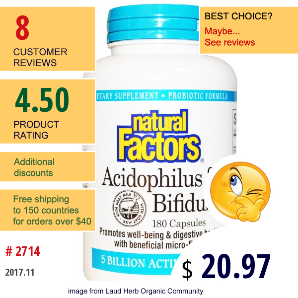 Natural Factors, Acidophilus & Bifidus, 5 Billion Active Cells, 180 Capsules (Ice)   