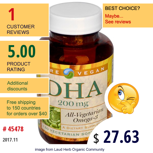 Pure Vegan, Dha, 200 Mg, 60 Veggie Softgels  