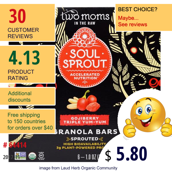 Two Moms In The Raw, Soul Sprout, Granola Bars, Gojiberry Triple Yum-Yum, 6 Bars, 1 Oz (28 G) Each